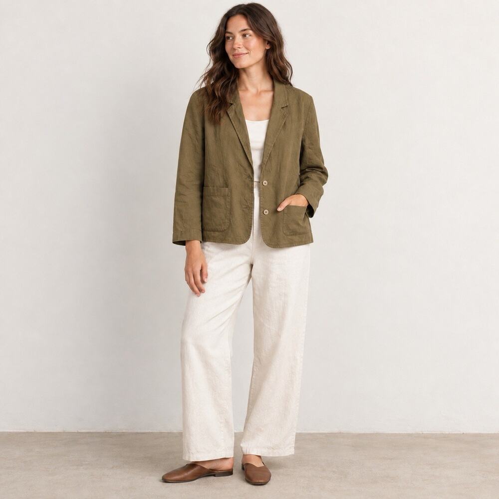 Eileen Fisher Linen Blazer Womens L Olive Brown Patch Pocket Coastal Minimalist